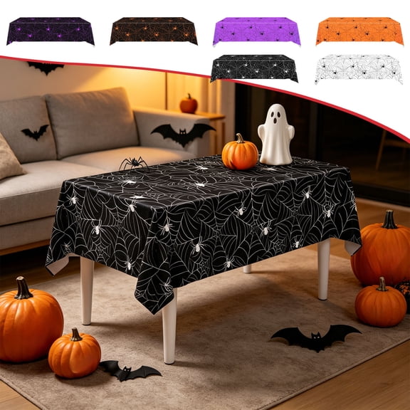 Chmadoxn Halloween Spiderweb Plastic Tablecloth 54x108 Inch Disposable Waterproof Table Cover for Spooky HOUSE Party Decorations Supplies, Orange/Purple/Black