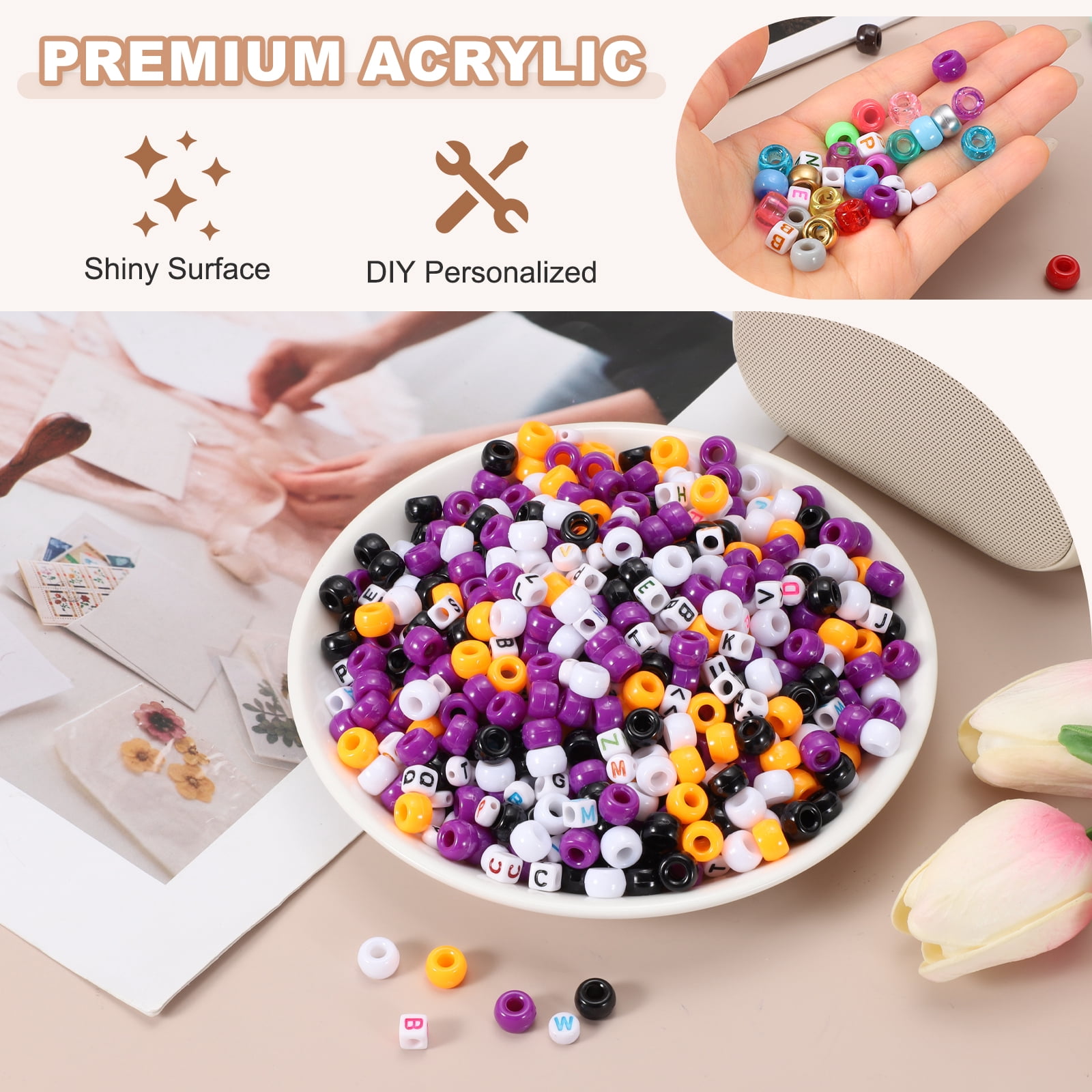 Uxcell 1000 Pcs Pony Beads 6 x 9 mm Acrylic Friendship Bracelet Making Kit with Letter Bead, Black/White/Orange/Purple