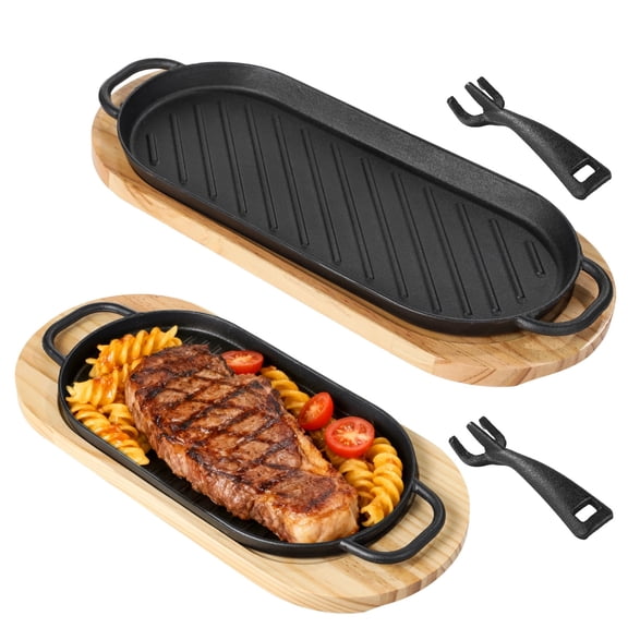 2 Pcs Cast Iron Fajita Skillets, Steak Grill Pans with Wooden Base & Removable Handle, Small and Large Sizzling Plates, Double Textured Surface for Kitchen Restaurant Barbecue