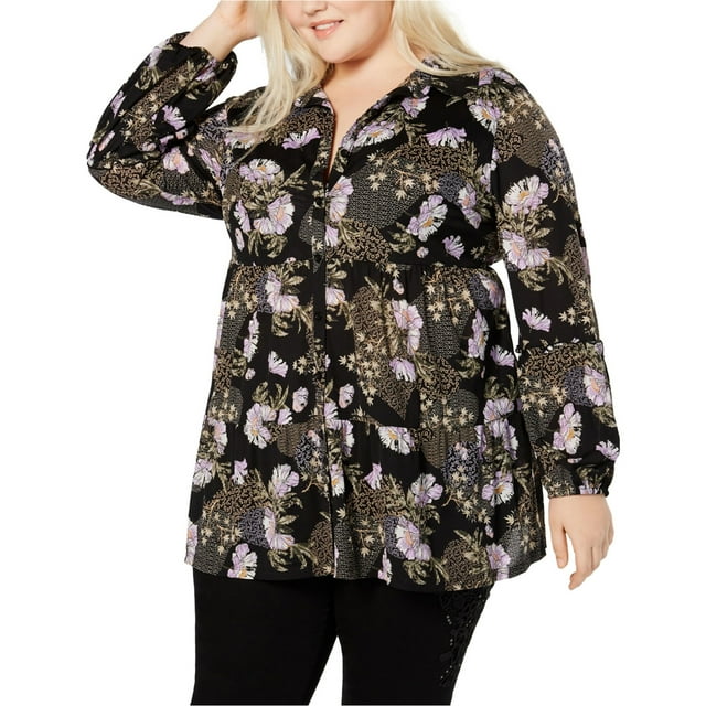 Style & Co. Blusa con botones a capas para mujer, negro, 2X