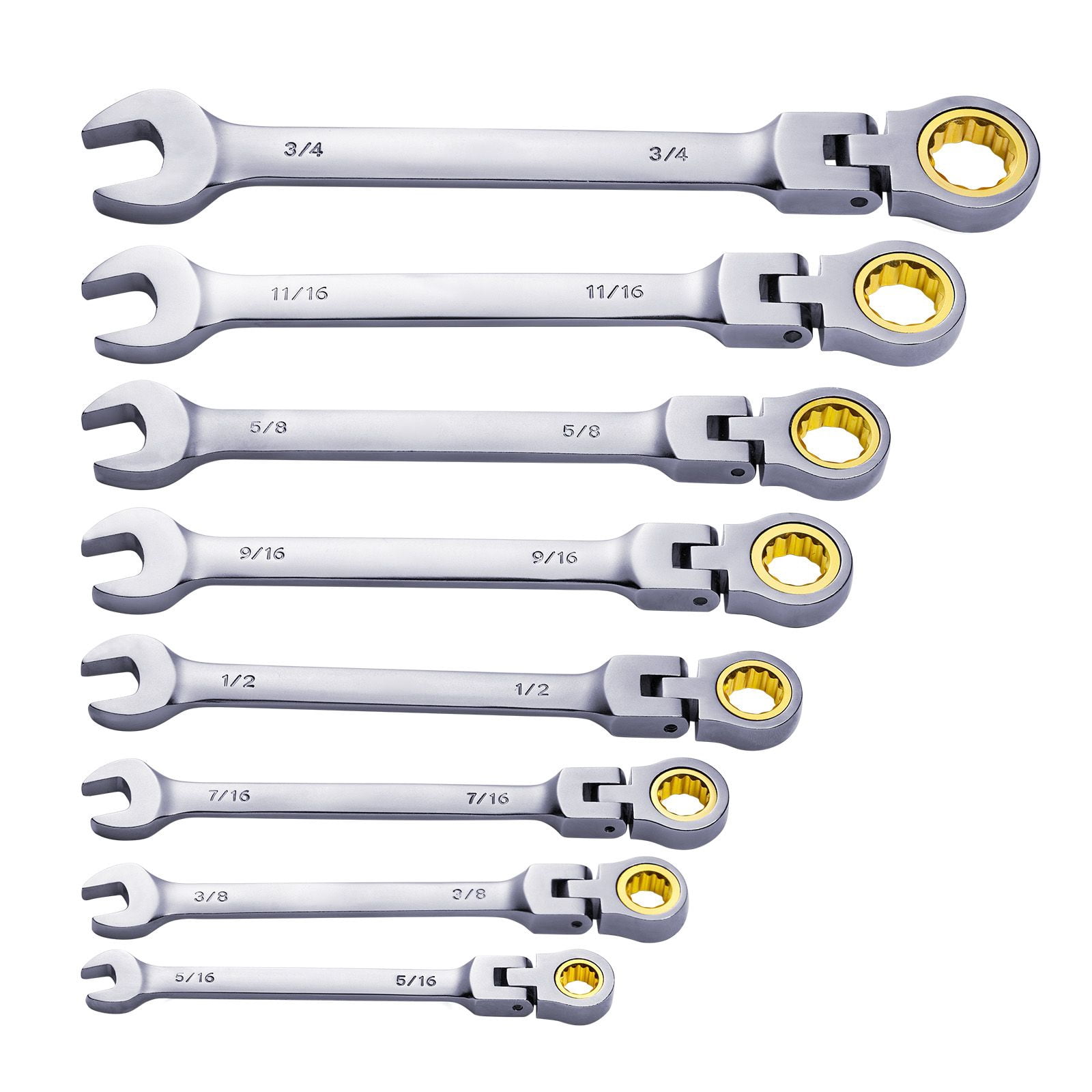 Wrench Set 8-Piece SAE 72-Tooth Ratcheting 5° Working Angle 180° Adjustable Flex Head Cr-V Alloy Steel Storage Bag for Automotive Home Repair