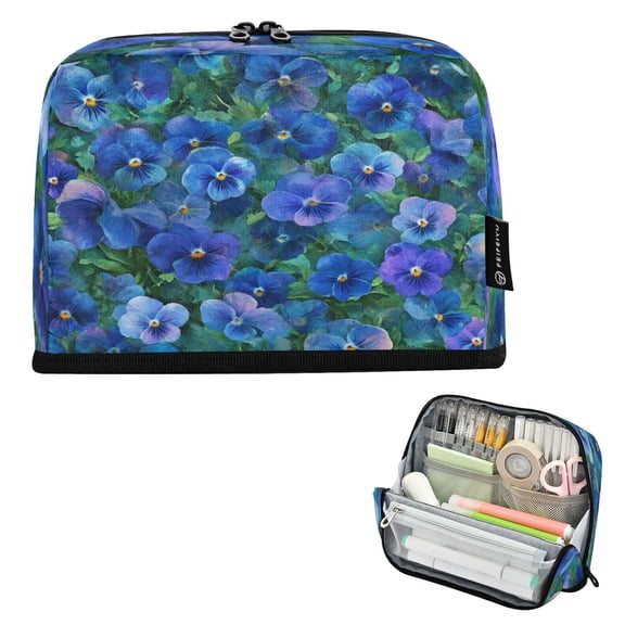 Standing Pencil Case with Base Large Capacity Stationery Pouch Pen Bag with Zipper for Women Men Blue Pansies