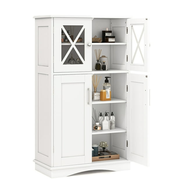 Patiojoy Armoire de Salle de Bain pour Plancher Armoire de Rangement avec 2 Portes en Verre Tablettes Réglables à 3 Niveaux Conception Anti-Basculement