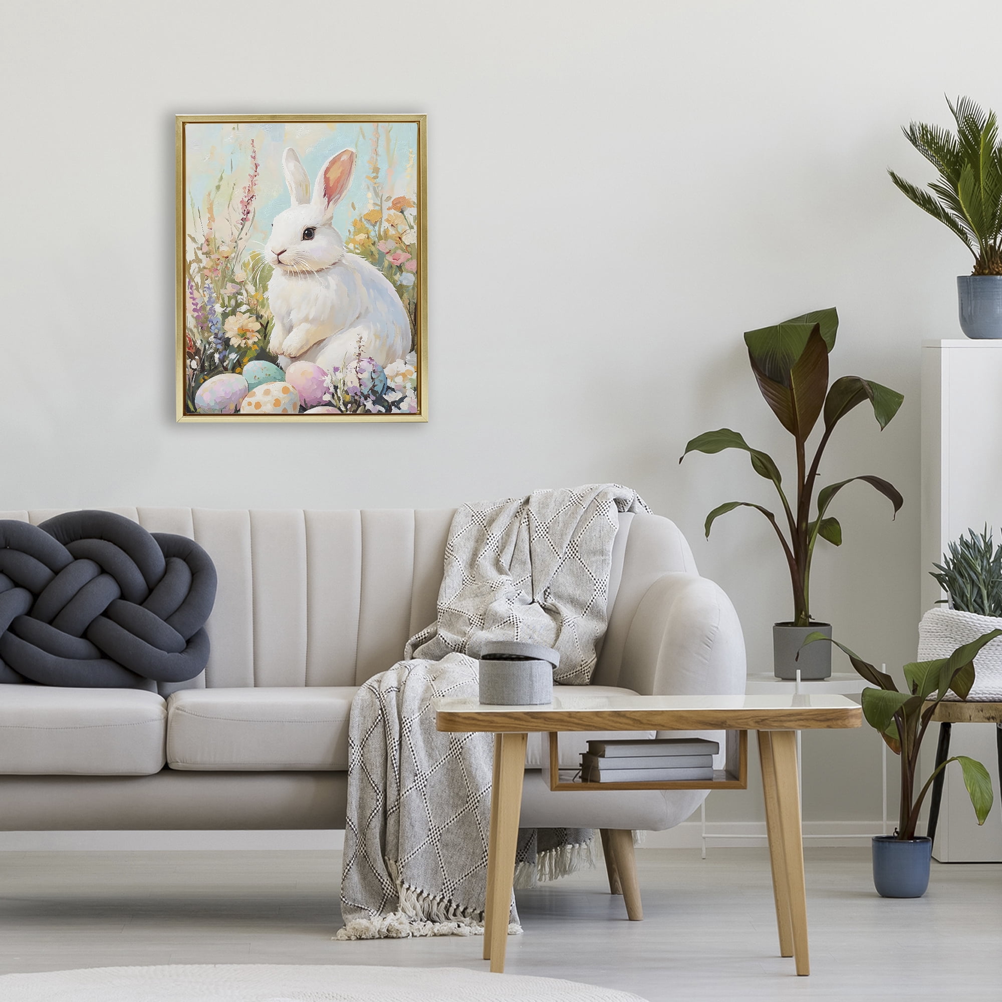 Stupell Industries White Easter Bunny in Wildflowers Gold Framed Floater Canvas Wall Art, design by The Prints Vibe