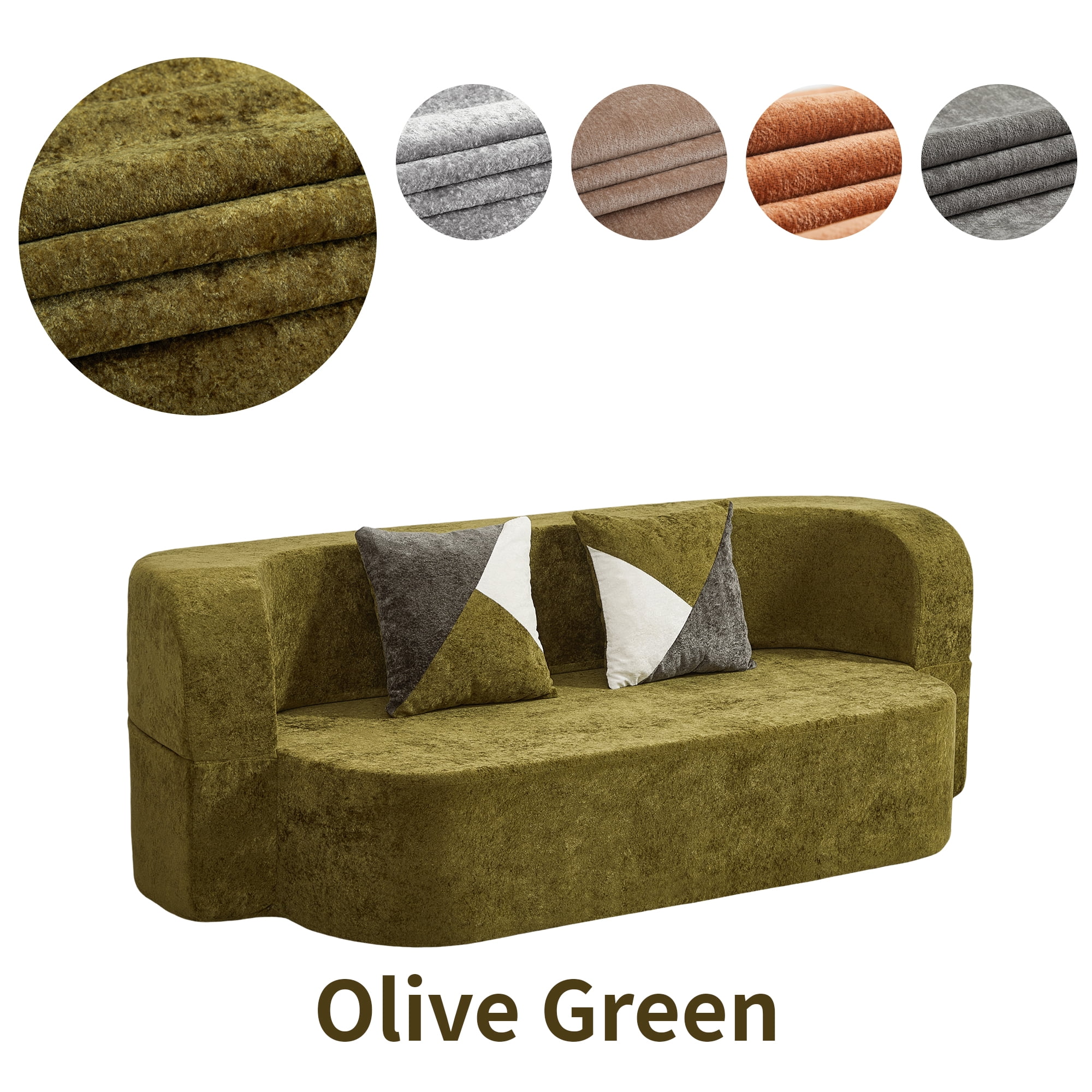 78.74"W Eggshell Convertible Sofa,Floor Couch,Sleeper Sofa Bed,No Assembly High-Density Sponge Loveseat with 2 Pillows for Living Room, Apartment,Small Spaces,Olive Green