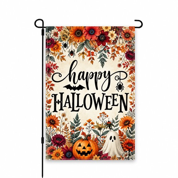Halloween Garden Flag 12x18 Inch - Autumn Floral, Pumpkins, and Ghost Design for Yard, Lawn, Patio, Porch Outdoor Decor - Festive October Decoration