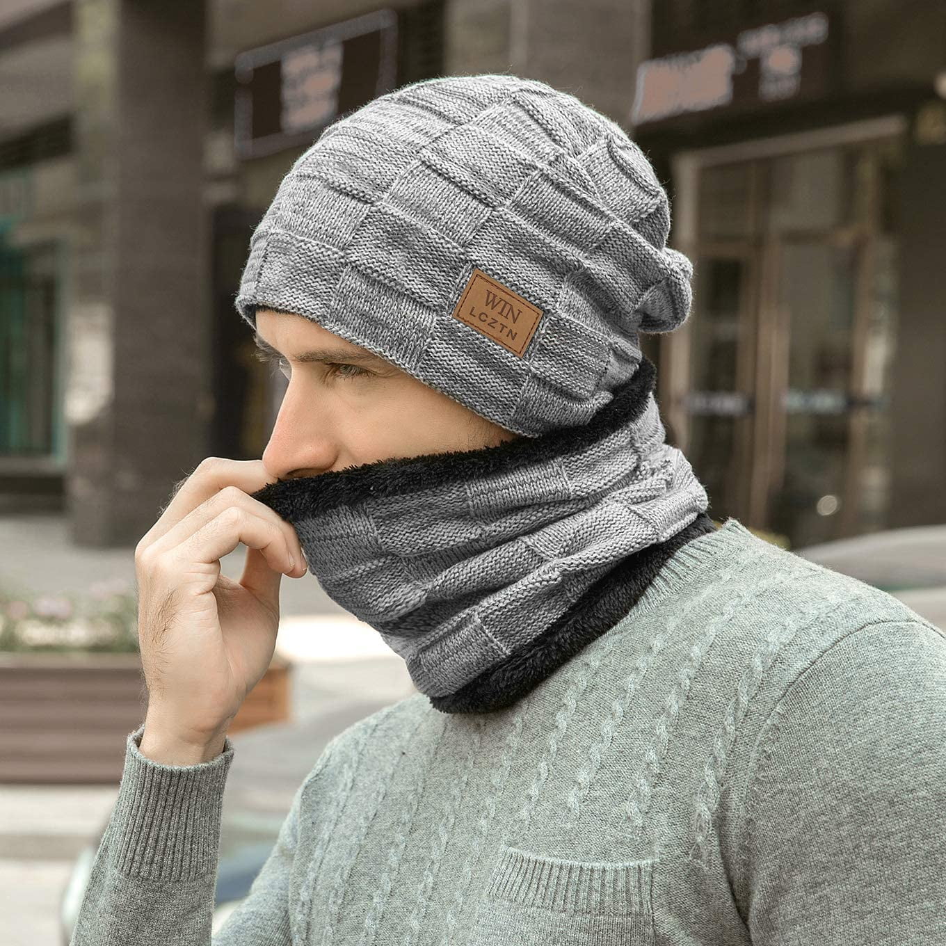 Mens Winter Beanie Hat Scarf Set Warm 