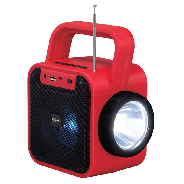 JENSEN JEP-175 Altavoz portátil Bluetooth recargable con puerto de carga USB de emergencia incorporado, radio FM, linterna y panel de carga solar