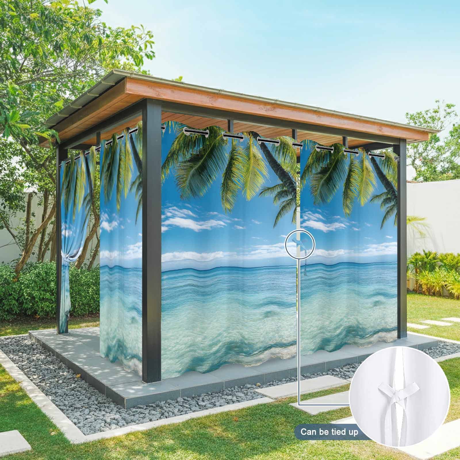 Summer Beach Landscape Outdoor Curtains for Patio, Coastal Ocean Palm Tree Blue Cloud Sky Wave Waterproof Outside Curtains Privacy Blackout Curtain for Porch Pergola Cabana, 2 Panel 54W x 84L Inch