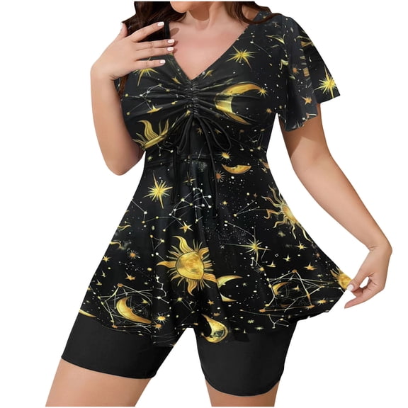 Fewfanhot Plus Size Women's Printed One Piece Swimsuit, V Neck Short Sleeve & High Waist Boyshort Bottom, Tummy Control Bathing Suit for Swimming