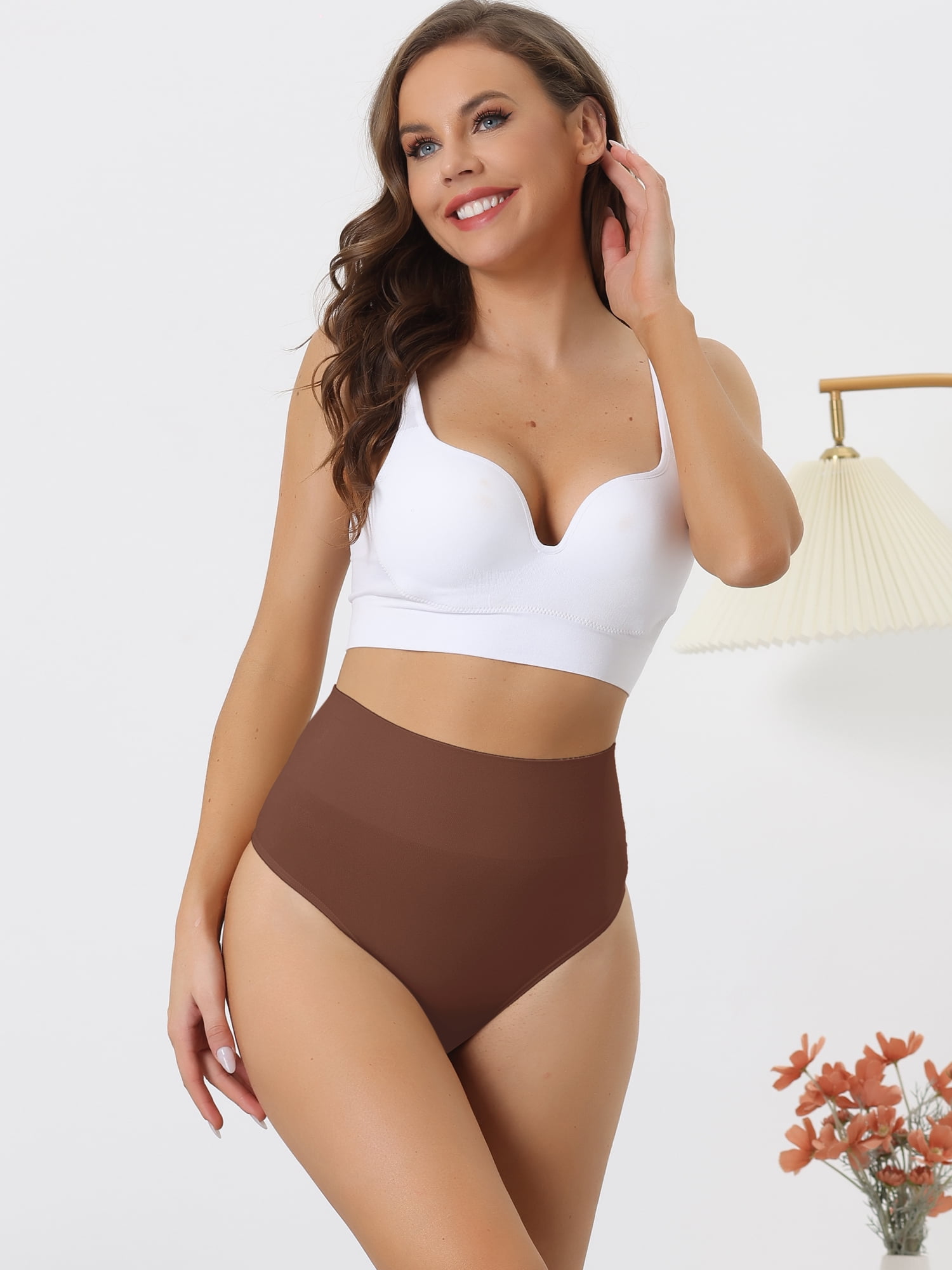 Unique Bargains Women's High-Waisted Briefs Invisible Thong Stretchy Comfortable Underwear S Dark Brown