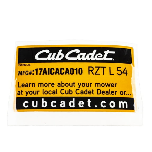 CUB CADET 777X47202 "17AICACA010 RZT L 54" Model Label RZT-L54KW Lawn Mowers