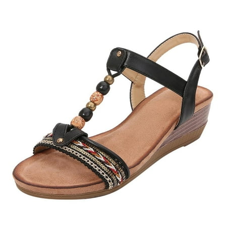 

Summer Sandals for Women Women Wedges Beach Open Toe Roman Sandals Vintage Beaded Bohemian Sandals Shoes Artificial Leather
