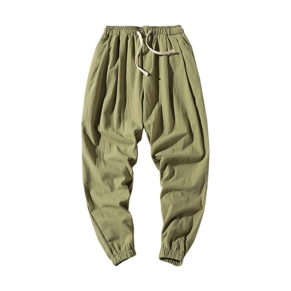 Wyobmus Men's Cotton Linen Harem Pants Drawstring Casual Cropped Trousers Lightweight Loose Beach Tapered Pants With Pockets A-Olive Green