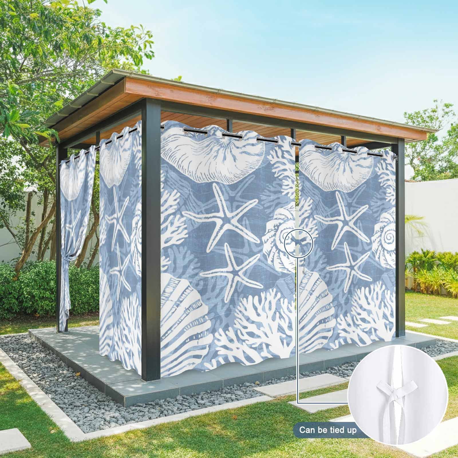 Blue Ocean Life Outdoor Curtains for Patio, Coastal Starfish Nautical Shell Conch Coral Sunshade Privacy Drapes Grommet Waterproof Outside Curtains for Porch/Cabana/Balcony 54"x 108", 1 Panel