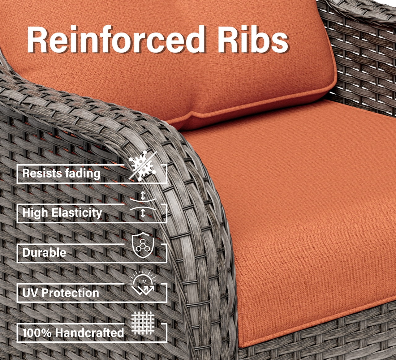 Meetleisure 7 Piece Wicker Patio Furniture Set, Rattan Chairs with 3-Seater Sofa, Ottomans, High Back, Deep Seating, Wide Armrest, Thick Cushions for Deck Porch, Orange