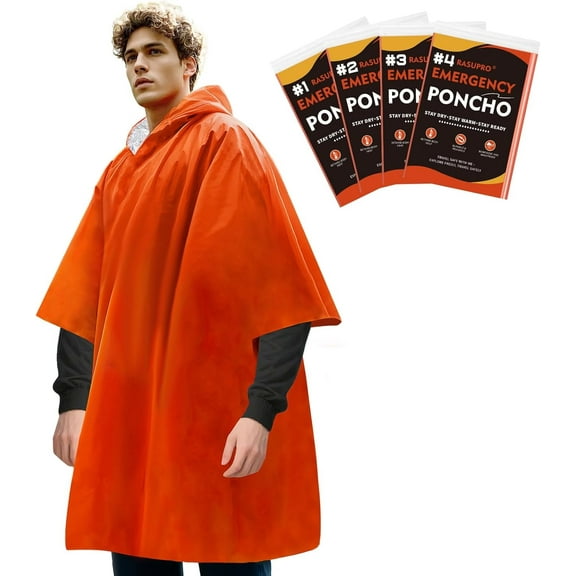 4 Pack Emergency Ponchos with Thickened Mylar Blanket Lining, Windproof, Waterproof, and Thermal Orange Survival Ponchos - Perfect for Outdoor Rescue, Family Camping Gear, Car Emergency Kits