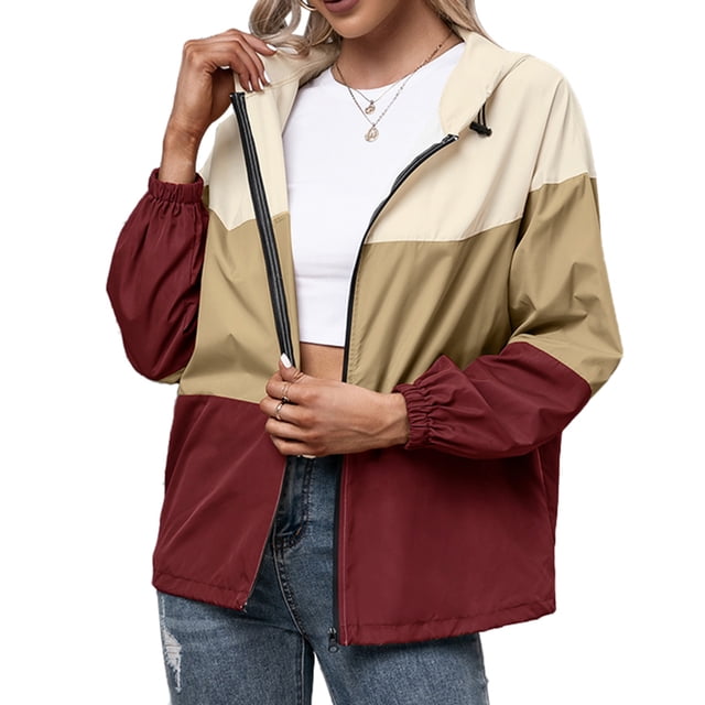 Moda mujer rompevientos empalme con capucha manga larga cremallera bolsillo con cordón impermeable MABOTO Rojo/Grande