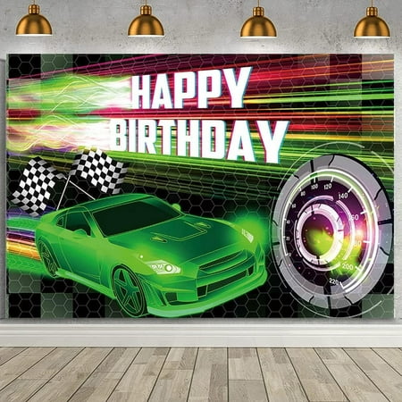 Car Racing Happy Birthday Backdrop, Green Racing Party Photo Background for Boys, Cars Party Decorations Car Banner Green Race Car Birthday Party Supplies Party Decor