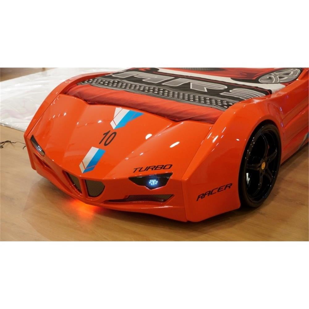 Pemberly Row Modern Wood Twin Race Car Bed with Remote Control in Red