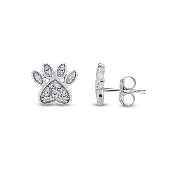 1/10 Carat Round Cut White Natural Diamond Paw Print Stud Earrings In 14k White Gold Over Sterling Silver (0.10 Cttw)