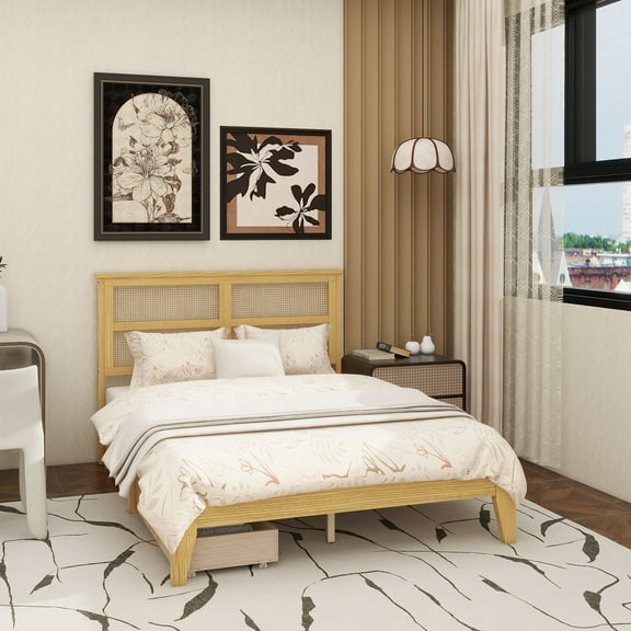 Full Size Bed with Rattan Headboard, Two Storage Drawers, Rubber Wood Bed with Enhanced Support Salts and Feet,White Oak