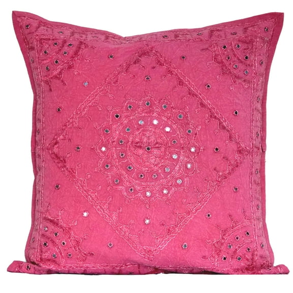 DK Homewares Bohemian Decorative Couch Throw Pillow Cover 24 Inch Cotton Embroidered Bohemian Indian Square Toss Cushion Cover (Size - 60x60 cm ; Color: Baby Pink ) - 1 Pcs (Cover Only)