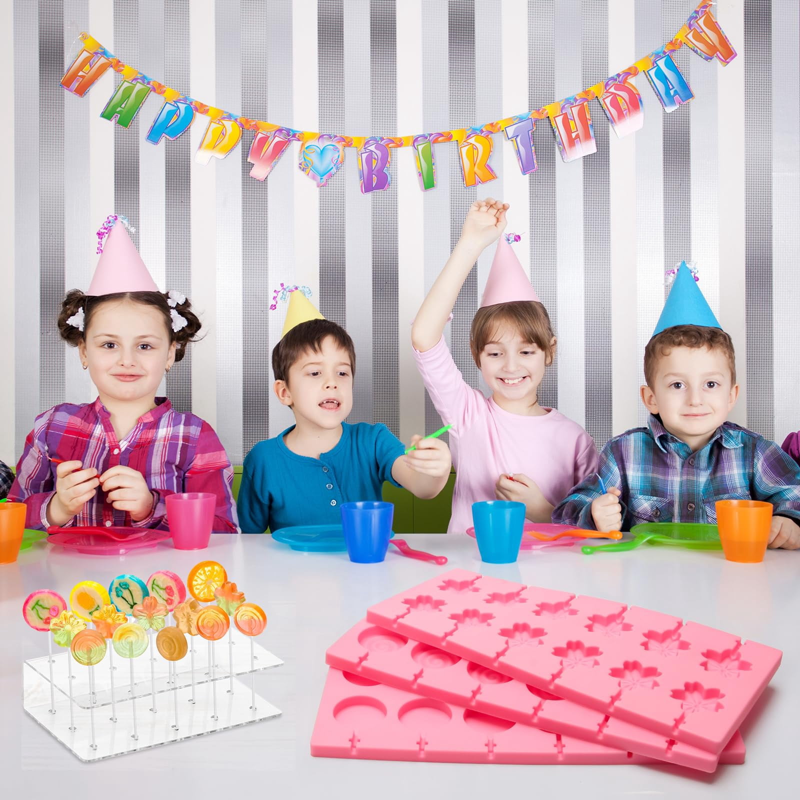 304Pcs Silicone Lollipop Molds Kit, Plutput Lollipop Maker Molds Set Pink Cake Pop Mold Kit for Chocolate Silicone Mold with 15 Holes Acrylic Lollipop