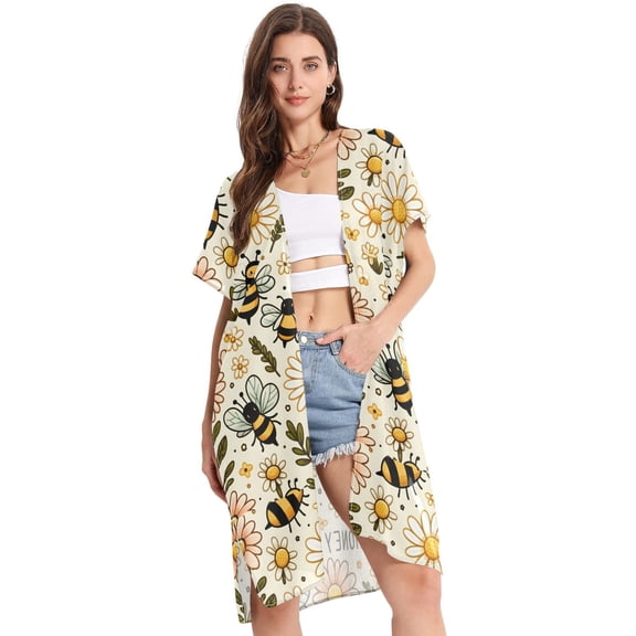 Beach Vacation Clothes Kimono Cardigan Loose Swimsuit Cover Up for Women Bee Honey and Daisy S