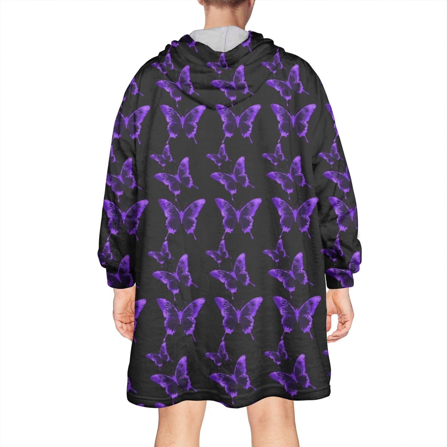 Purple Butterfly Pattern Wearable Oversized Blanket,Wearable Blanket Hoodie for Adults,Cozy Hooded Blankets with Super Pockets,Super Warm Fuzzy Pullover for Women & Men