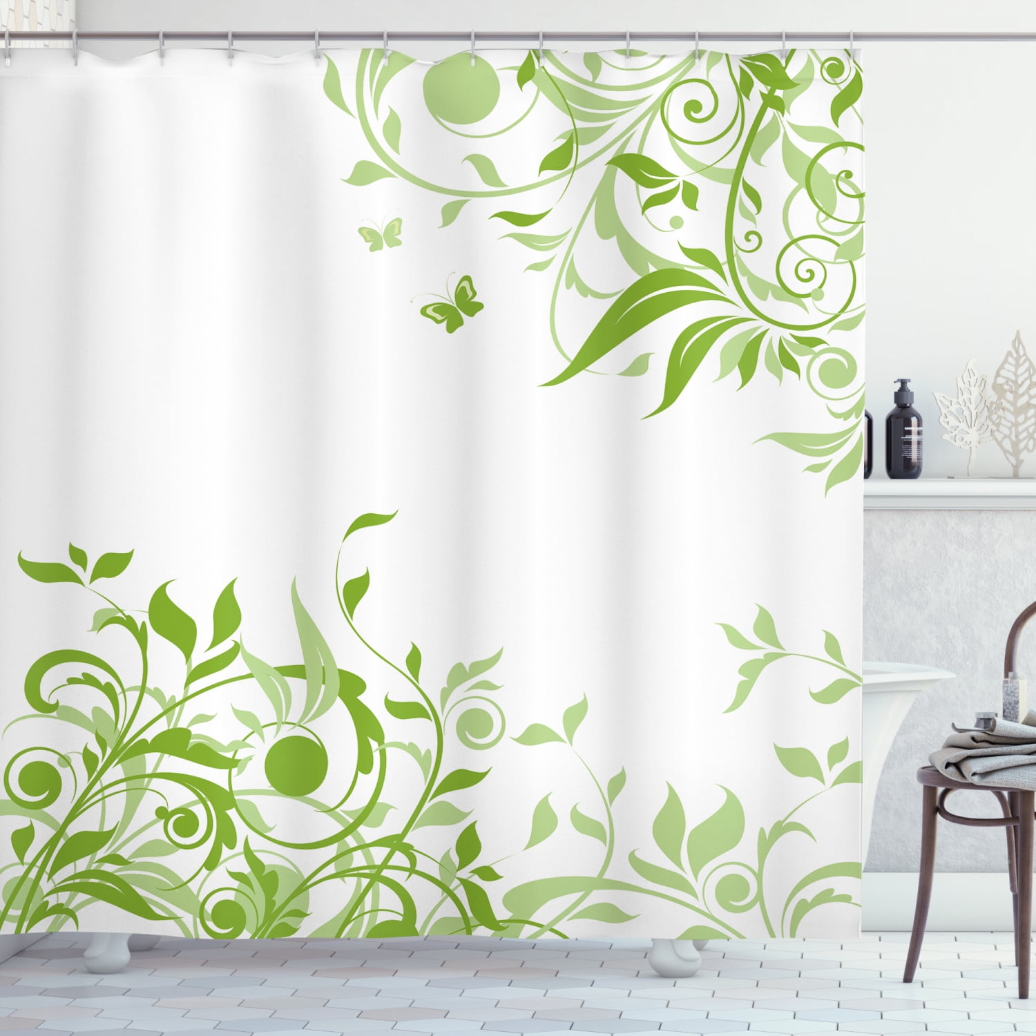 Green Bamboo Water White Circles Background Fabric Shower Curtain Liner 60X72" 