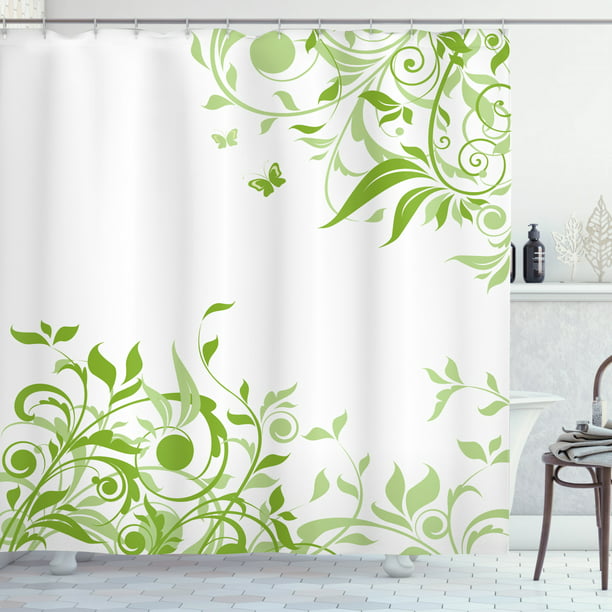 Green Shower Curtain Spring Time Theme, Lime Green Shower Curtain Set