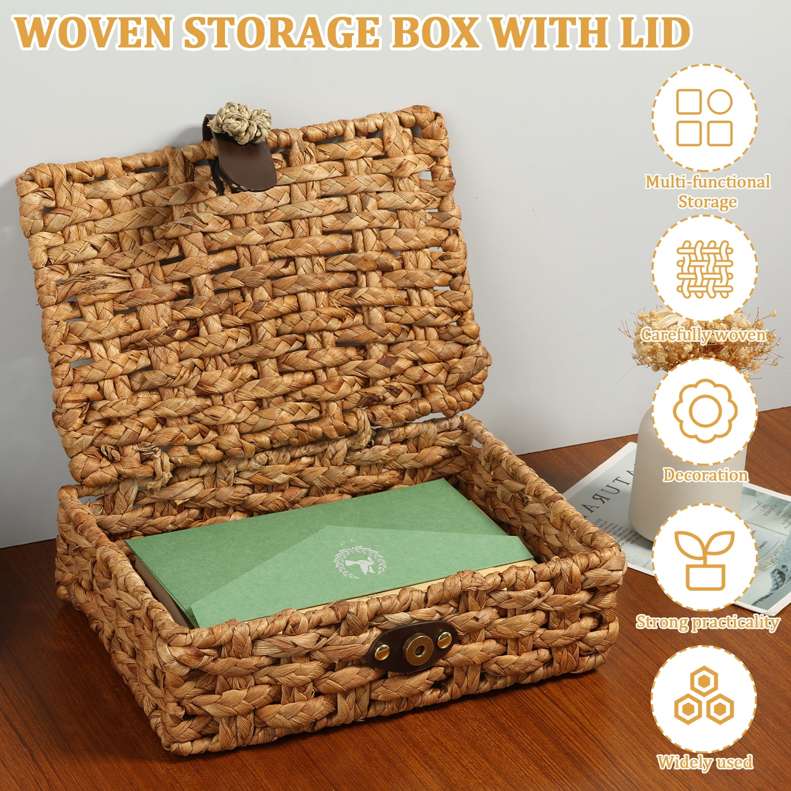 Ihvewuo Decorative Box with Lid Treated Gourd Grass Storage Basket Treated Gourd Grass Woven Decorative Box for Shelf Coffee Table Console Table Home Decor (Large or Small)