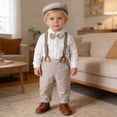 thumbnail image 2 of OSOLU Toddler Baby Boys Clothes Suits Gentleman Long Sleeve Dress Shirts And Suspenders Pants With Hat 3 Piece Set 3-24M Comfy Outfit, 2 of 9