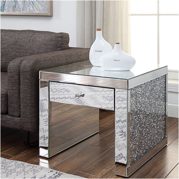 JERFIT Faux Crystal & Mirror End Table with Drawer, Silver Accent Nightstand for Bedroom, Glass Top Sofa Side Table, Living Room Occasional Table
