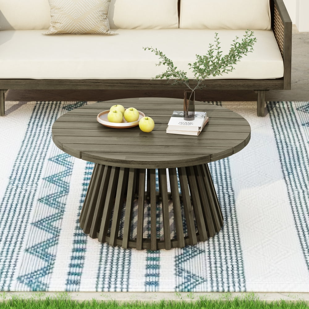 Outdoor Acacia Wood Patio Coffee Table Round Coffee Table for Backyard Lawn Balcony Grey Finish