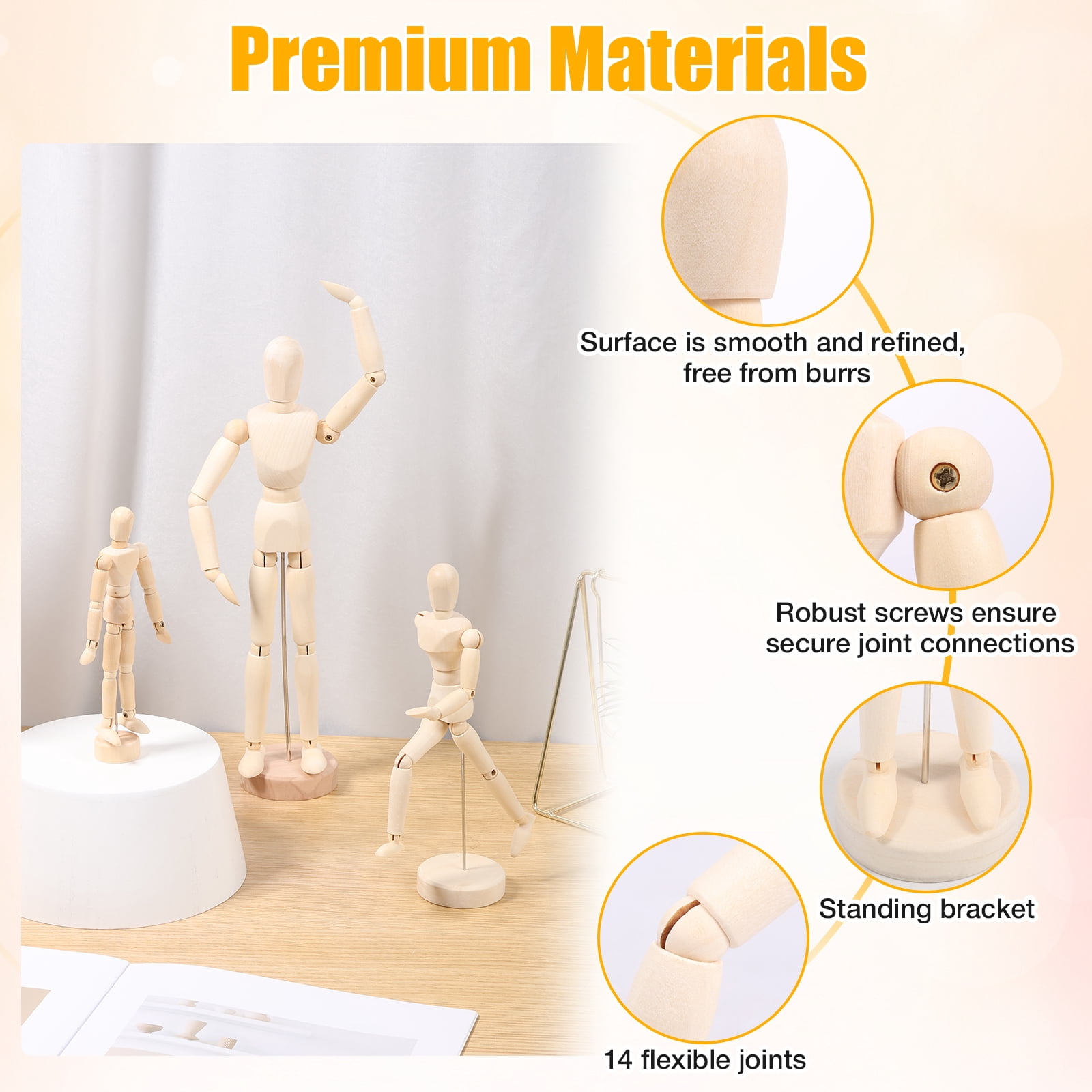 Austok 3Pcs 12 inch Artist Wooden Manikin Flexible Body Joints Human Figure Puppet Model Wood Male Mannequin Doll Ornament Stand for Home Office Desk Decoration Sketching Drawing Painting