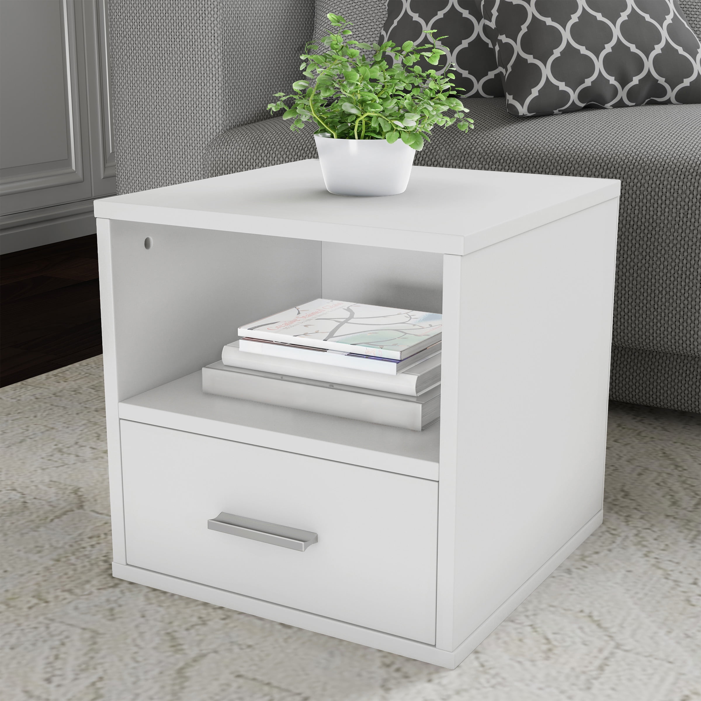 Somerset Home Cube End Table with Drawer, White