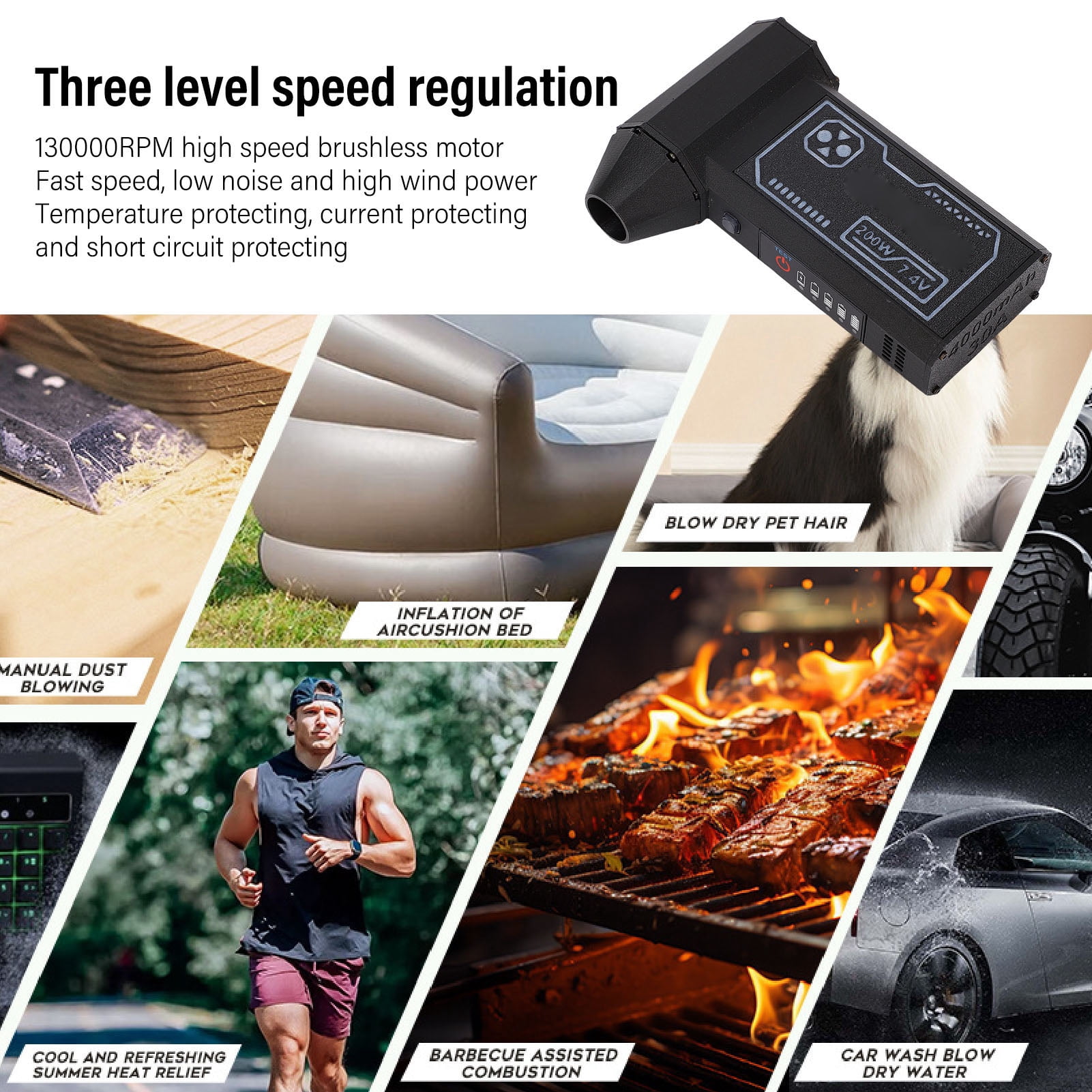 M Buder Electric Air Duster 130000RPM Powerful Fan Rechargeable Cordless 4000mAh Blower Gun 3 Speed Mini Brushless 200W, Black, 1 Count