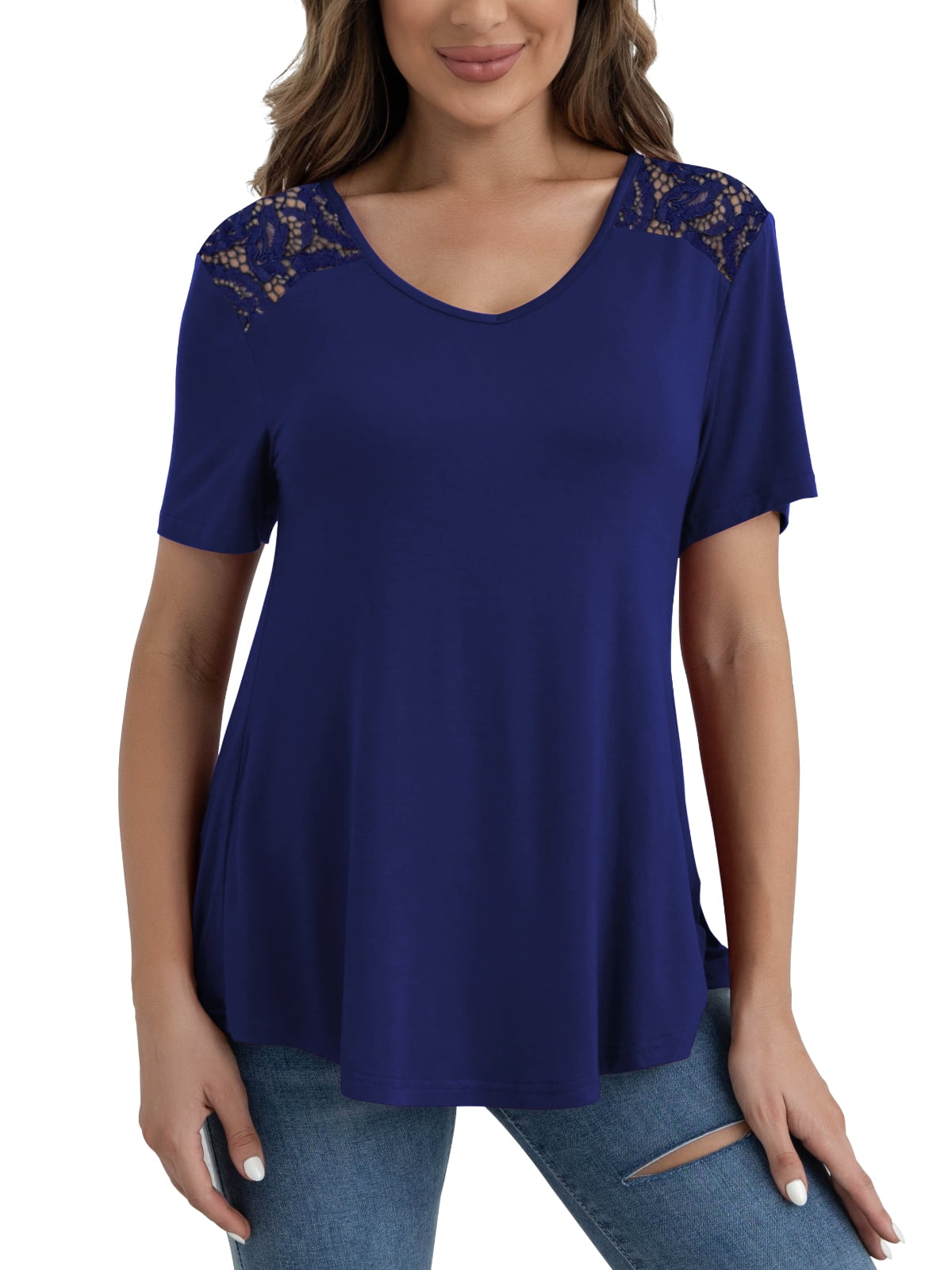 VERABENDI Womens Tops Plus Size Summer Short Sleeve Tunic Shirts Lace ...