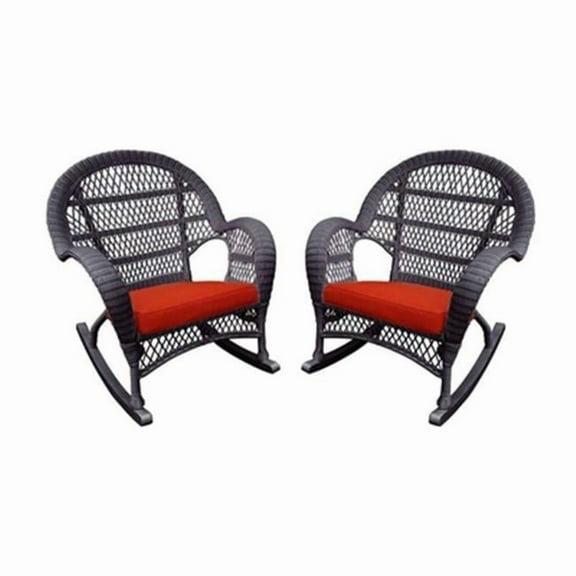 Jeco W00208-R-4-FS018-CS Espresso Wicker Rocker Chair with Red Cushion - Set of 4