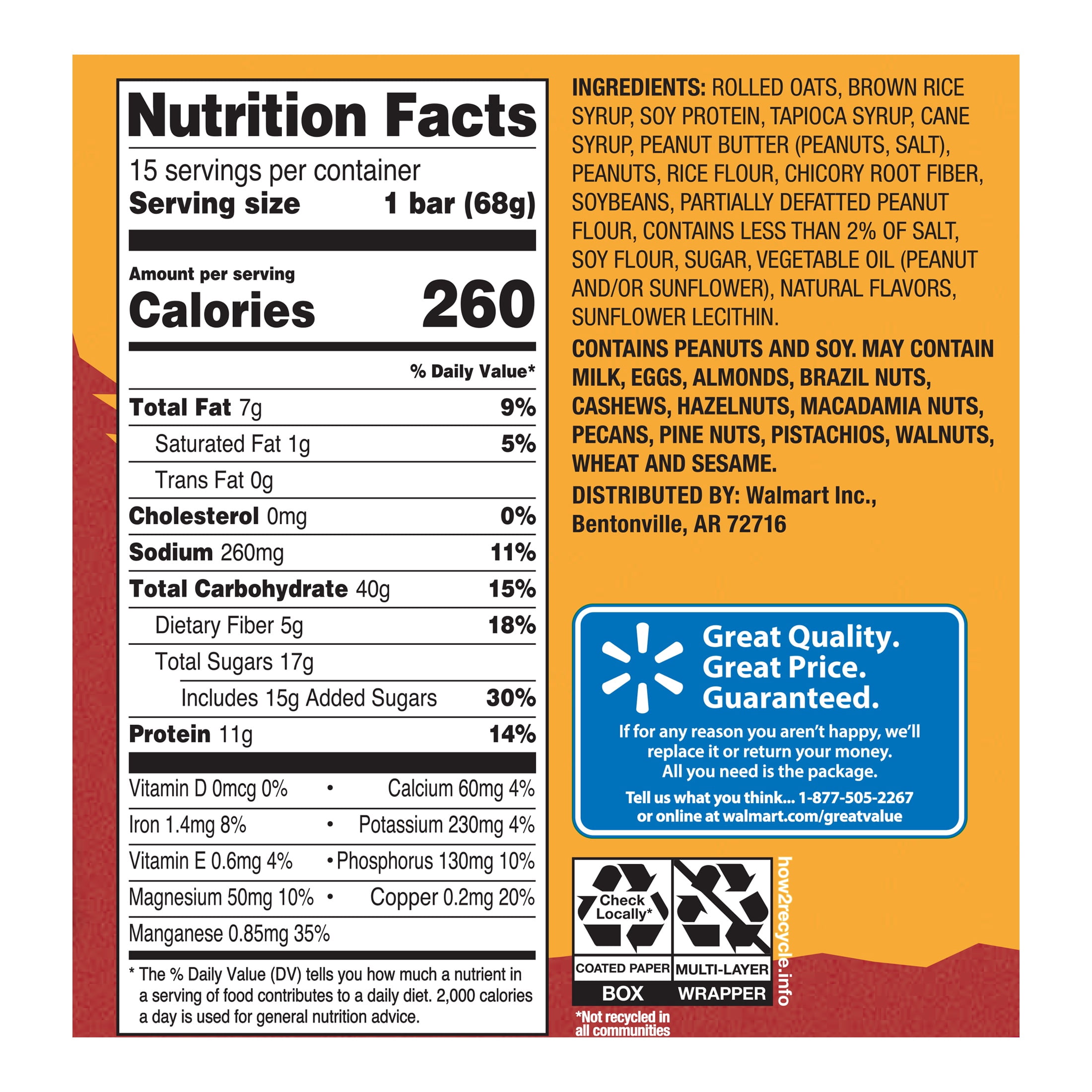 Great Value Energy Bar, Crunchy Peanut Butter, 2.4 oz, 15 Count