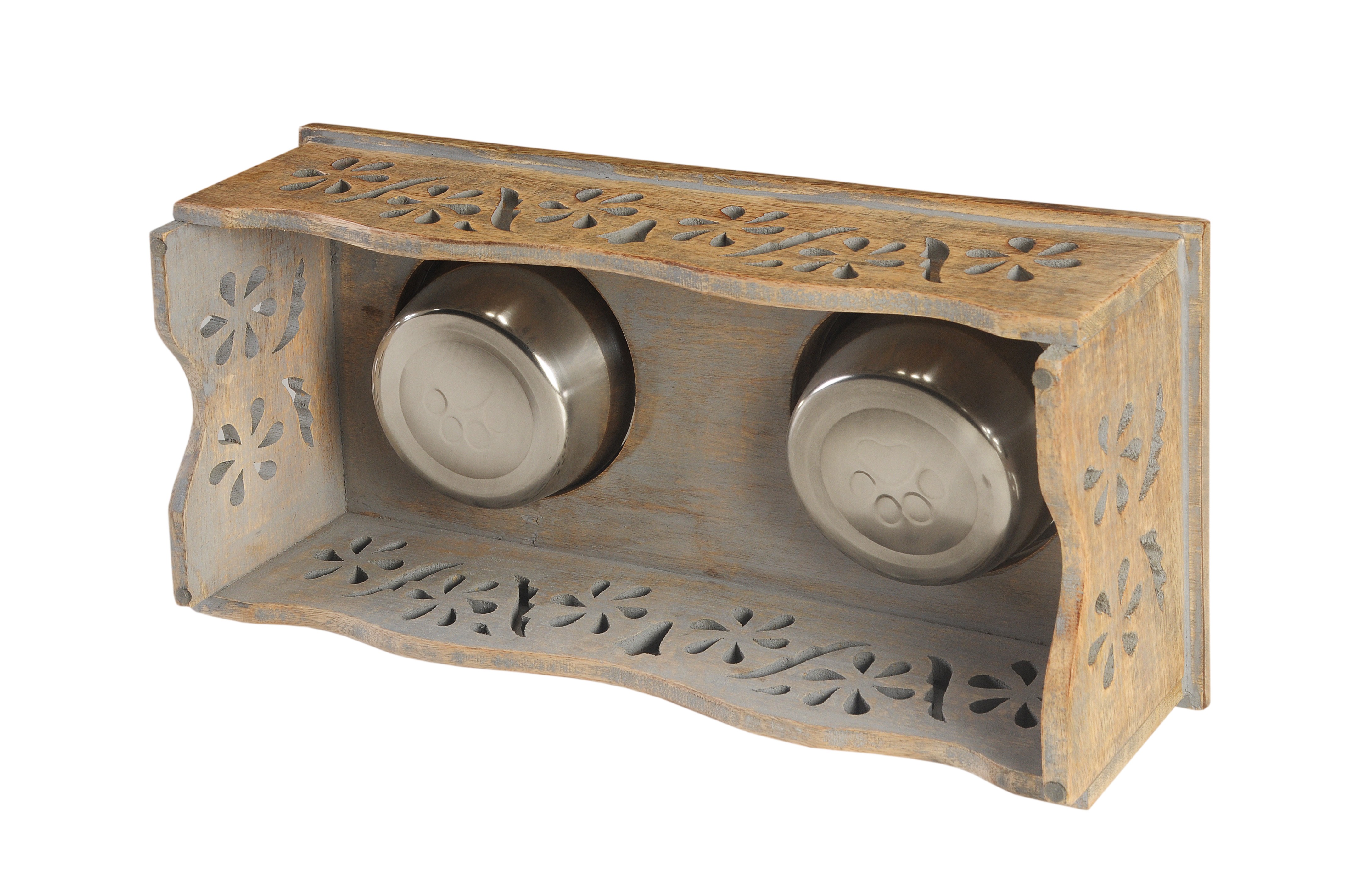 LR Home Wood Elevated Double Pet Feeder with Engraved Mandalas and Dogs,  19 x 9 x 5, Brown / White