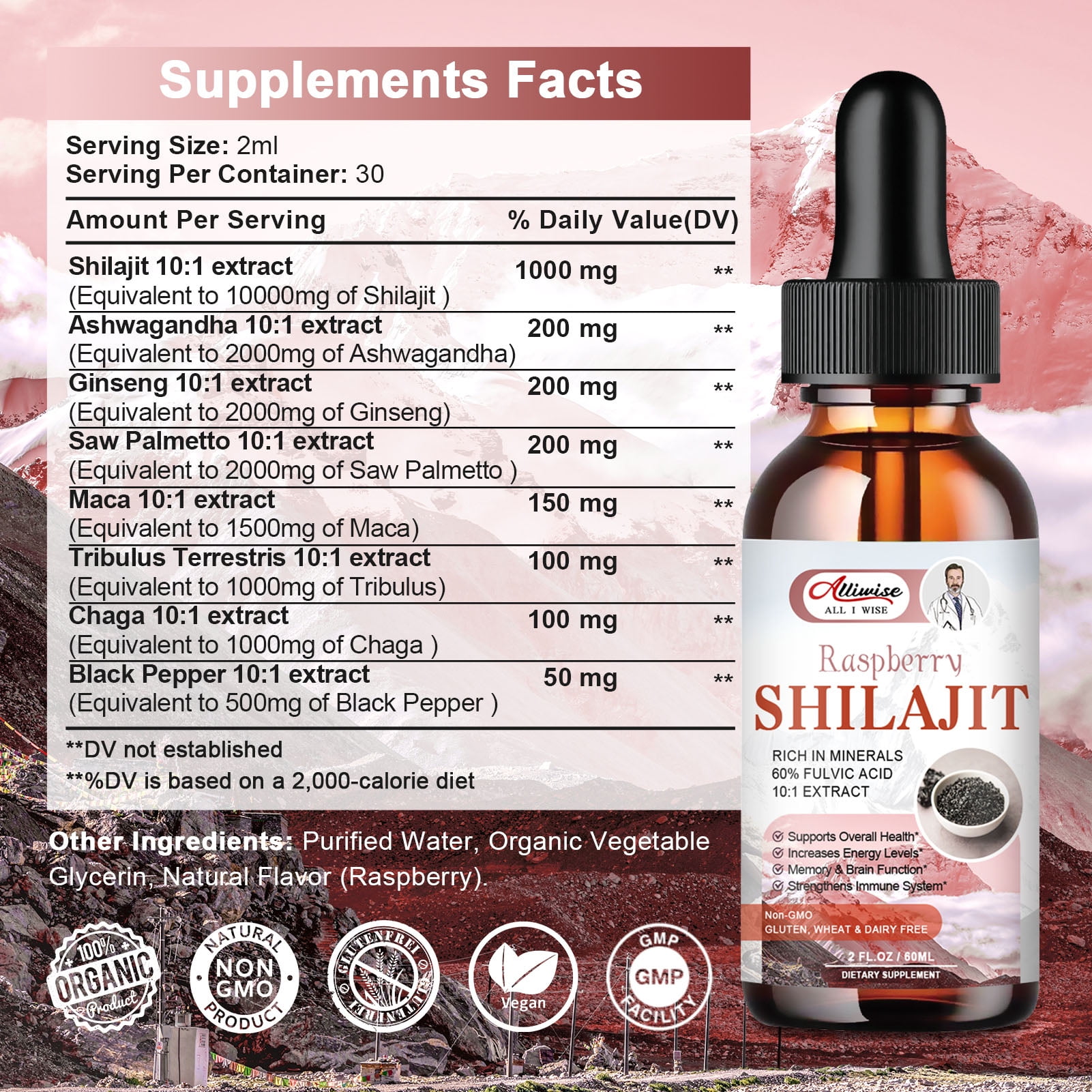 Organic Pure Himalayan Shilajit Resin Liquid Drops for Men & Women, Golden Shilajit Supplement with Fulvic Acid Complex for Energy & Immune Support - Raspberry(2 Pack)
