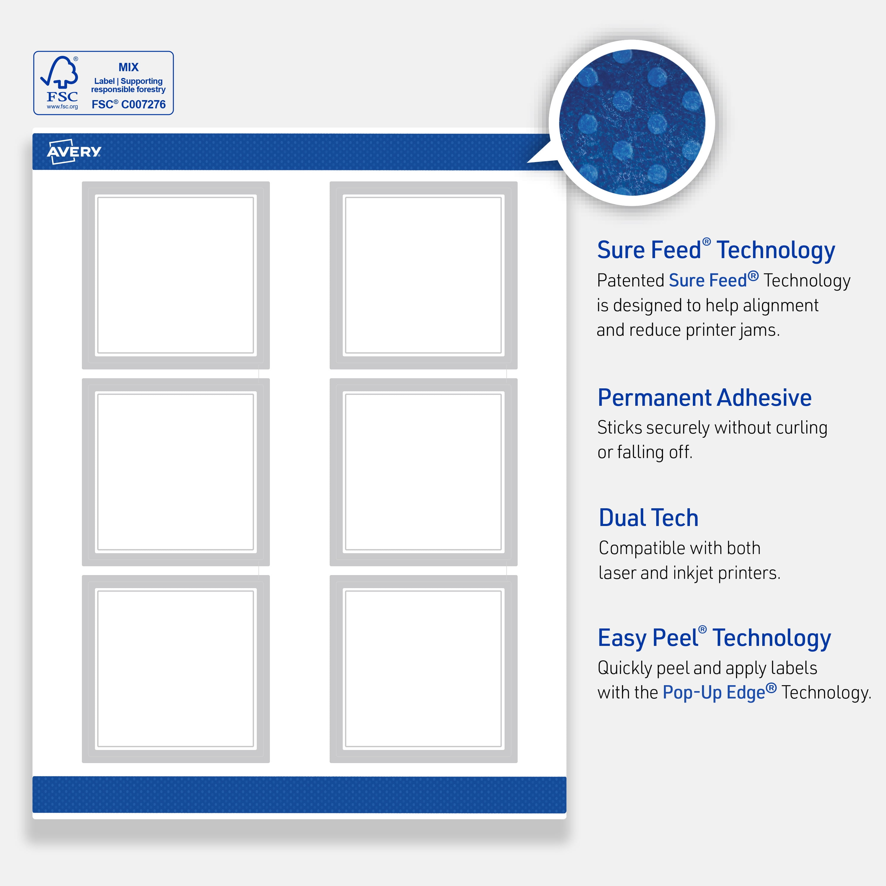 Avery Labels, 3" x 3", Matte White, Silver Mirror Metallic