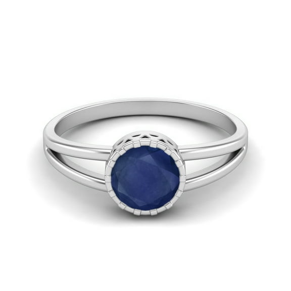 1.05 Cts Round Bezel Set Blue Sapphire 925 Sterling Silver Split Shank Women Valentines Day Gifts Rings
