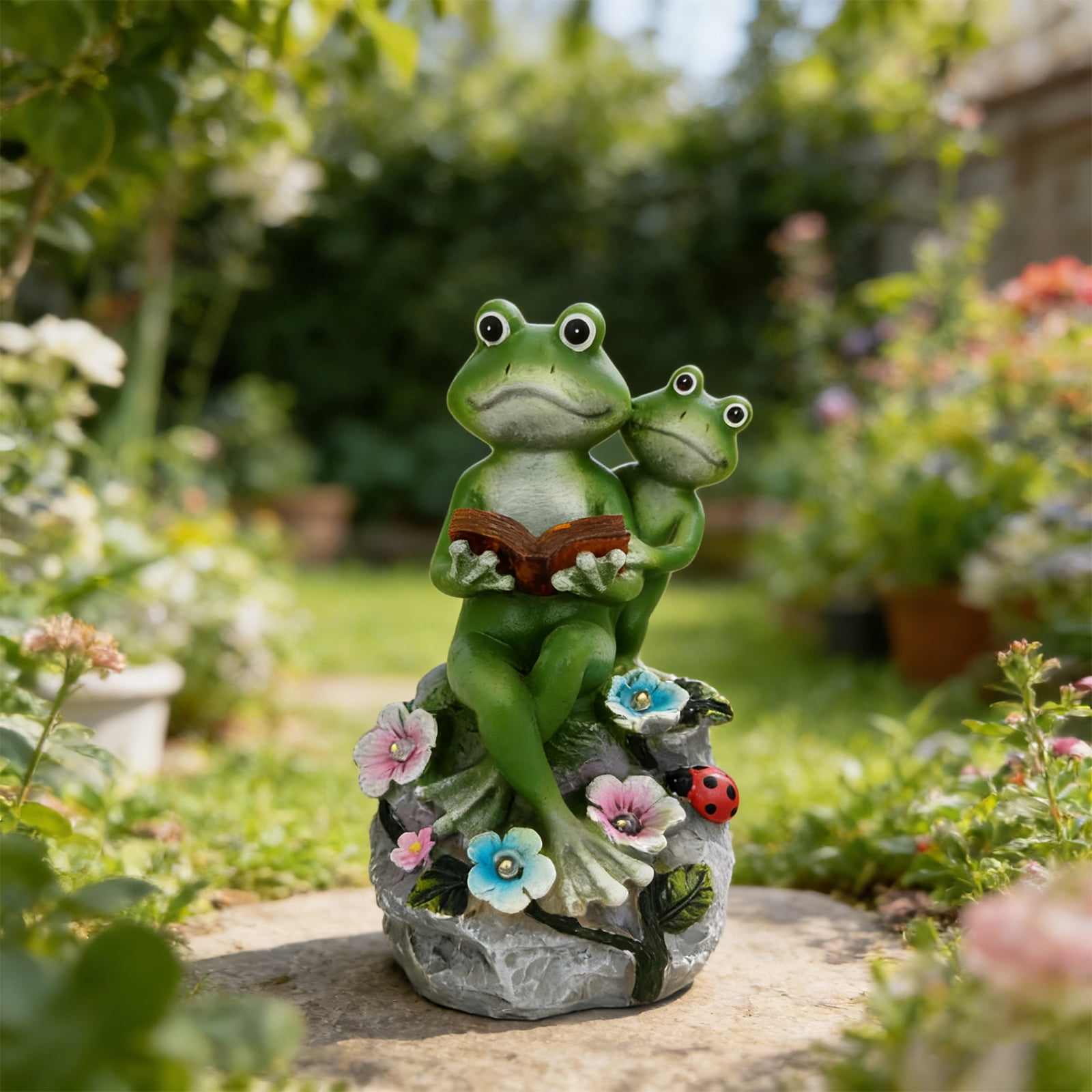 Solar LED Frog Garden Statue - Reading Frog Couple with Flower Lights, Whimsical Outdoor Decor for Patio, Lawn, Yard, Gift for Garden Lovers