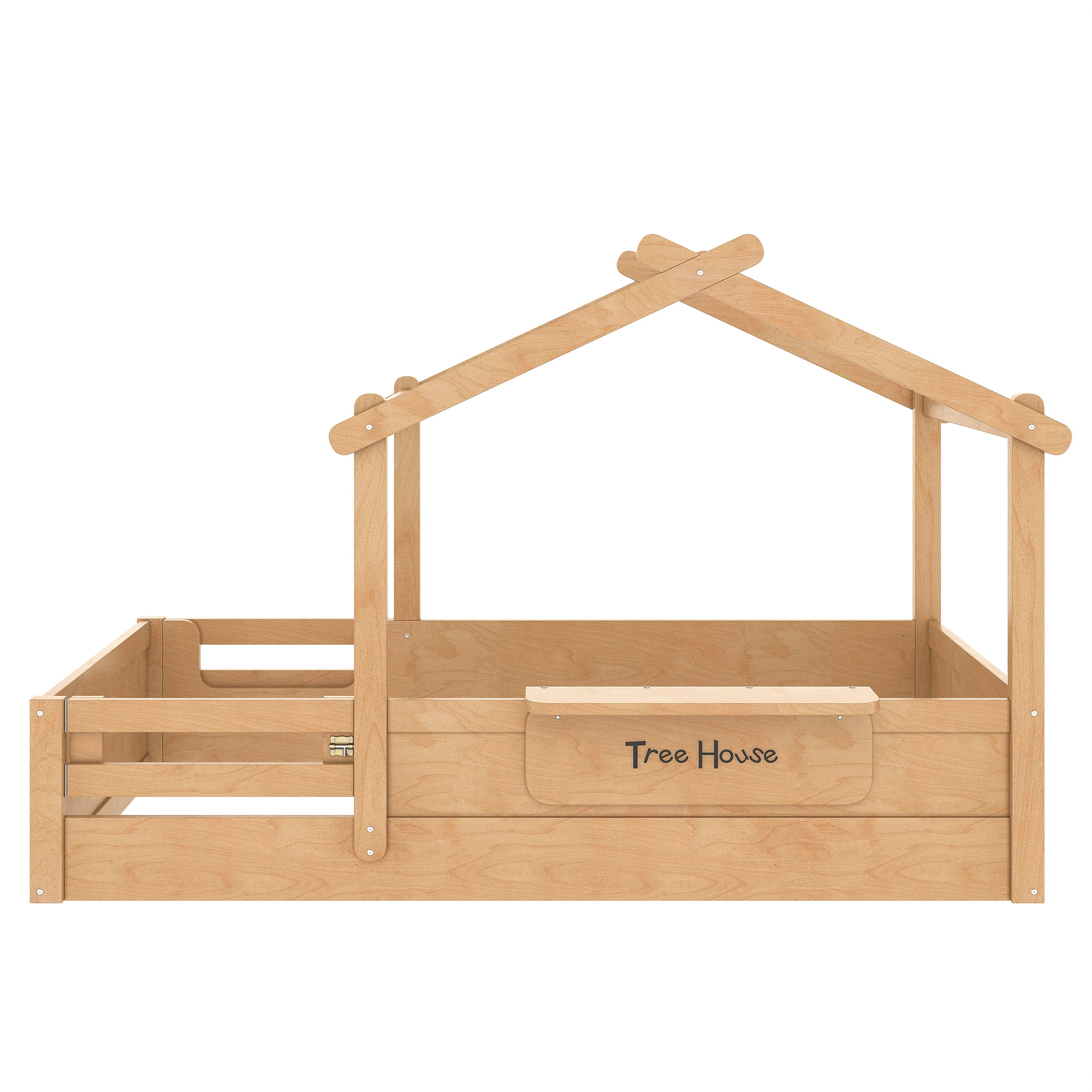 Mintazer Twin Montessori Floor Bed with Guardrails & Roof, Kids Wood House Floor Bed with Tray & Personalized Signboard for Boys and Girls, Natural