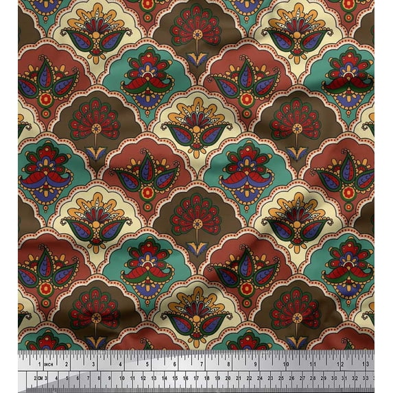 Soimoi Rayon Fabric Artistic Floral & Scale Geometric Printed Fabric 1 Yard 42 Inch Wide