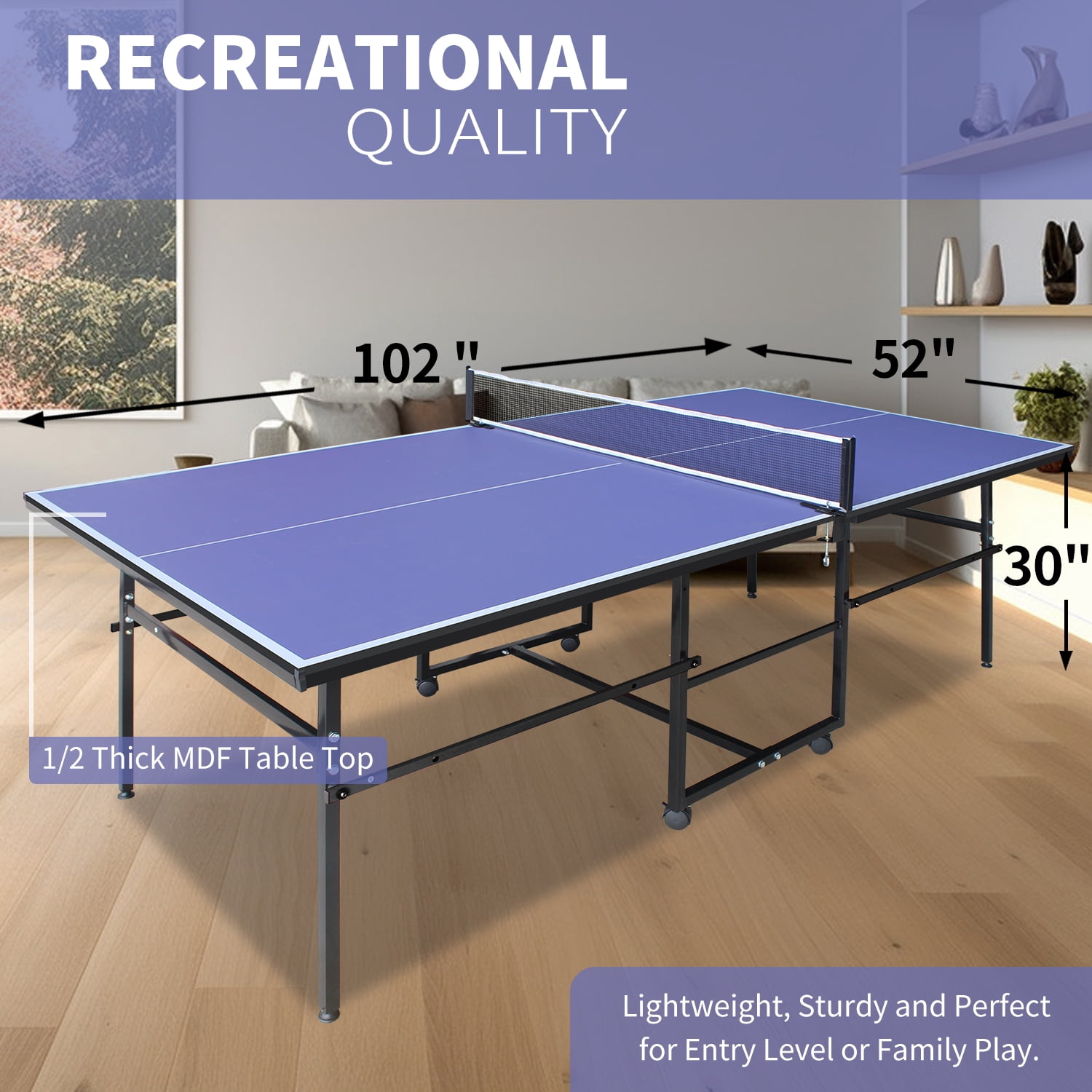 4.3ft Mid-Size Table Tennis Table Foldable & Portable Ping Pong Table Set for Indoor Games with Net, 2 Table Tennis Paddles and 3 Balls